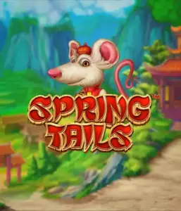 A whimsical illustration of a white rat wearing a red traditional Chinese outfit standing in a scenic mountain backdrop. The image is for the Spring Tails Slot by Betsoft, showcased with prominent red and gold logo lettering.