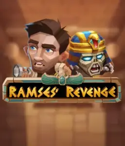 Explore the ancient world of the Ramses' Revenge game by Relax Gaming, showcasing a surprised explorer and a terrifying mummy set against an Egyptian tomb backdrop. This graphic depicts the excitement of ancient Egyptian myths, ideal for those interested in historical adventures, delivering a thrilling adventure. 